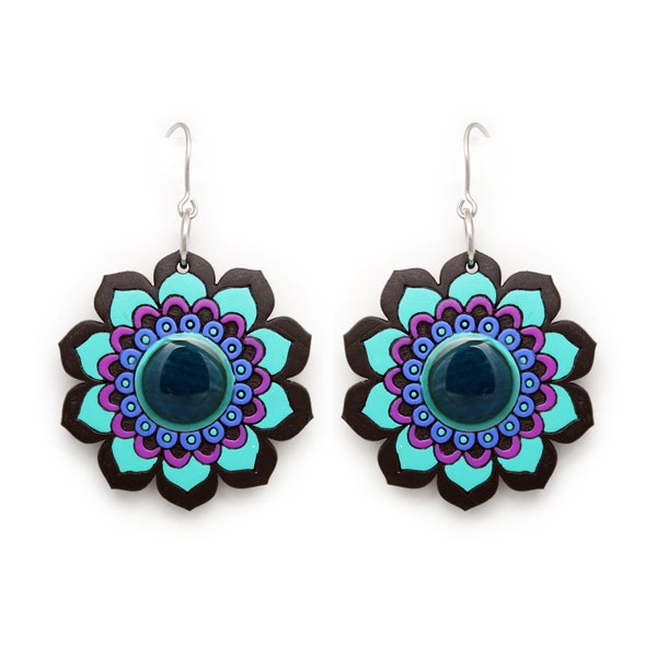 Wooden Earrings Mandalas, Black, Turquoise, Blue and Purple, Handmade Fair Trade Lightweight