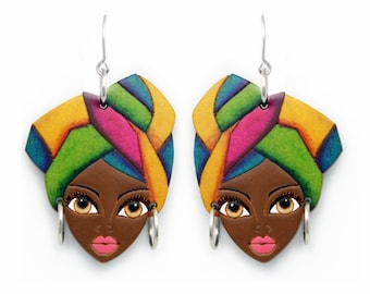 Wooden Earrings, African Woman, Handmade Fair Trade Lightweight