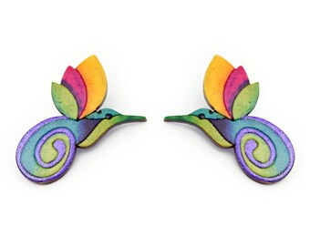 Drewniane kolczyki, kolibry, ręcznie robione, fair trade, lekkie
