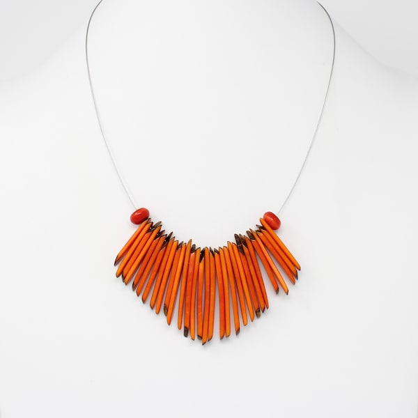 Tagua Necklace Orange Fringe, Handmade