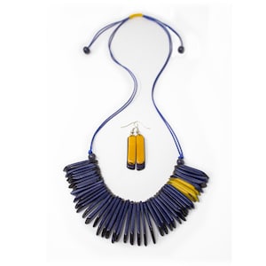 Tagua Jewelry Set, Fringe Tagua Necklace and Earrings, in Dark Blue and Yellow, Handmade Fair Trade, Lightweight  by Florama Natural Jewelry