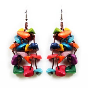 Tagua Earrings Multicolor Tassels Handmade Fair Trade, Lightweight
