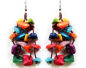 Tagua Earrings Multicolor Tassels Handmade Fair Trade, Lightweight