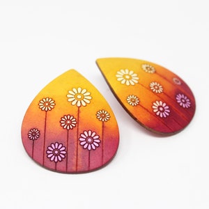 Wooden Stud Earrings, Flowers, Handmade, Fair trade, Lightweight