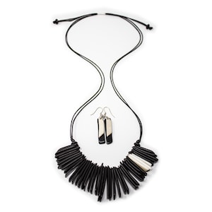 Tagua Jewelry Set, Fringe Tagua Necklace and Earrings in Black and Ivory White, Handmade Fair Trade, Lightweight  by Florama Natural Jewelry