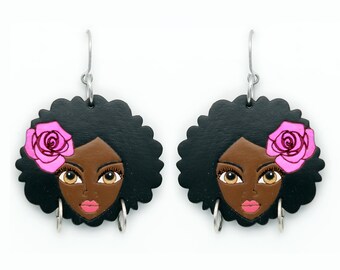 Wooden Earrings, African Woman, Handmade Fair Trade Lightweight