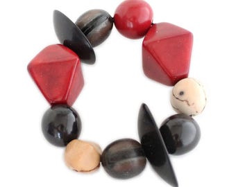 Chunky Tagua Bracelet Handmade, Fair Trade, Red, Black, Ivory, by Florama Natural Jewelry