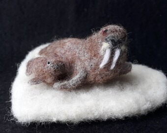Walrus Mama and Baby. Cute needle felted animals on a heart shaped ice floe