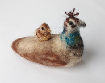 Peafowl Mama and Baby. Cute needle felted birds