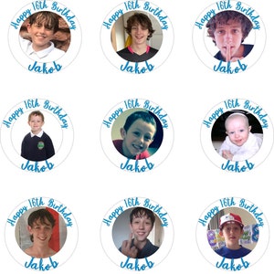 May include: Twelve round white stickers with blue borders and text. Each sticker features a different photo of a young person and the text "Happy 16th Birthday Jakob".