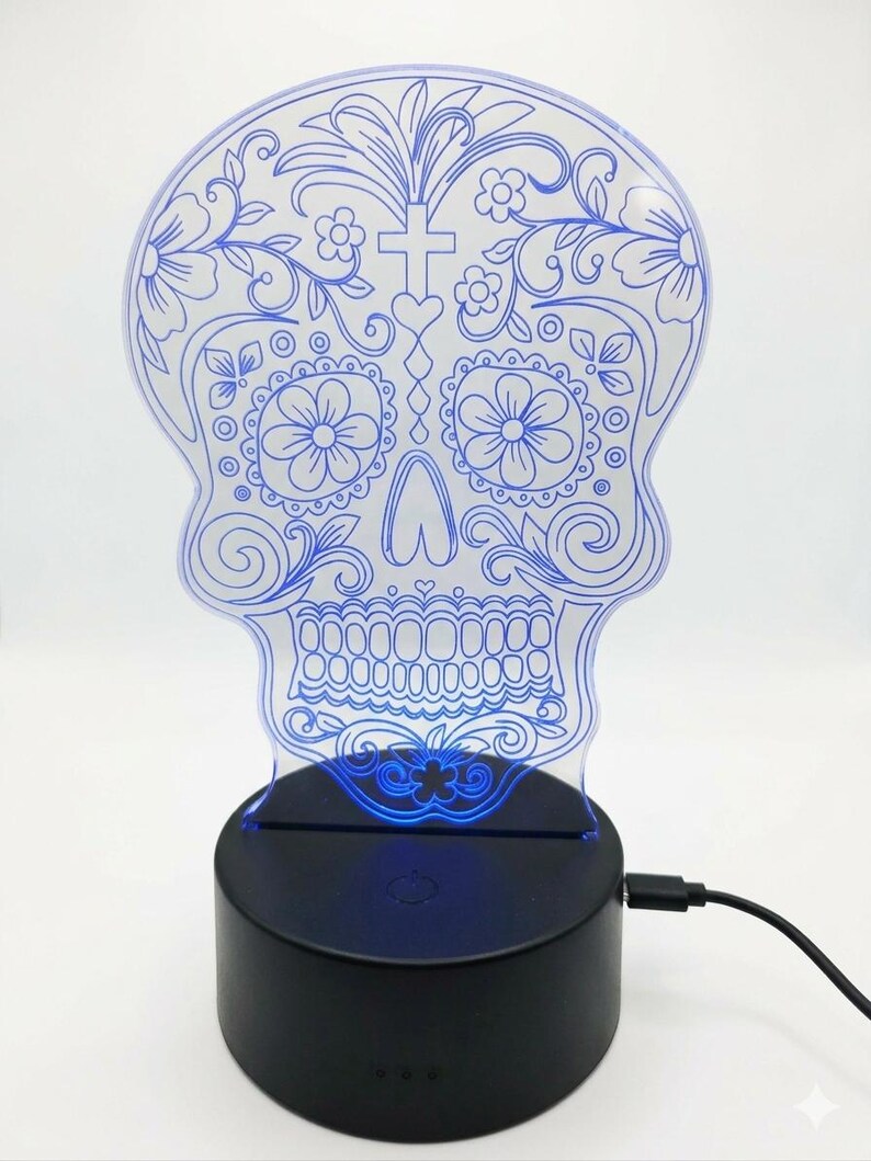 May include: A decorative skull-shaped LED lamp with a blue floral design. The skull is etched with flowers, swirls, and a cross. The lamp sits on a black base that emits a blue glow. A USB cable is plugged into the base.