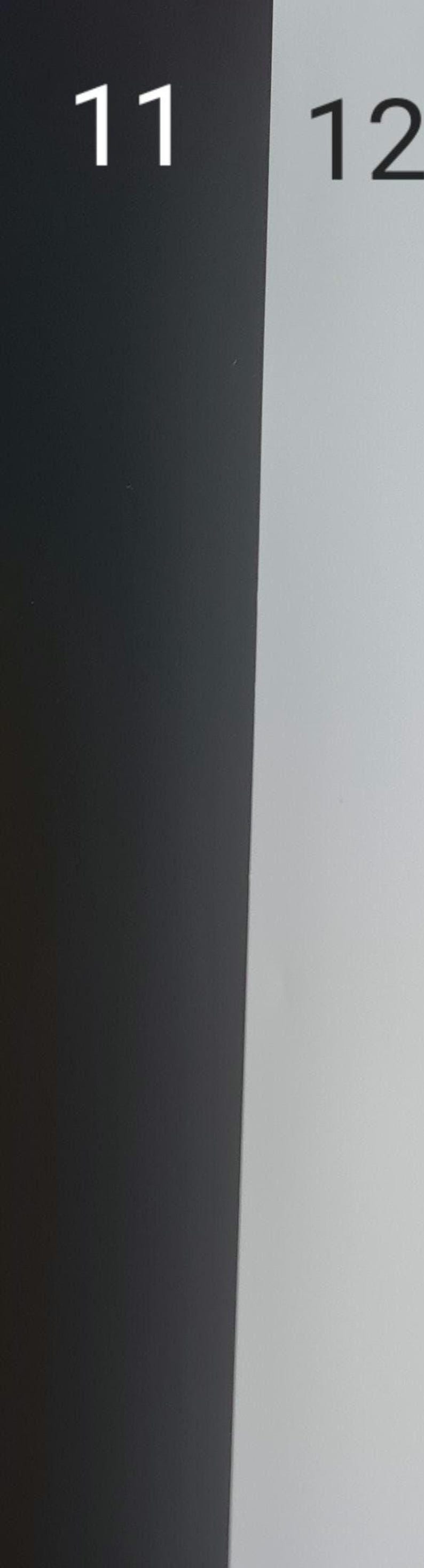 May include: A close-up of a section of a calendar or a similar item. The image is divided into two vertical sections: a black section on the left and a white section on the right. The number 11 is in white on the black section, and the number 12 is in black on the white section.