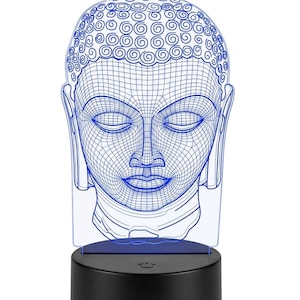 May include: A blue wireframe Buddha head night light. The Buddha's face is depicted with closed eyes and a serene expression. The light sits on a black circular base with a power button.