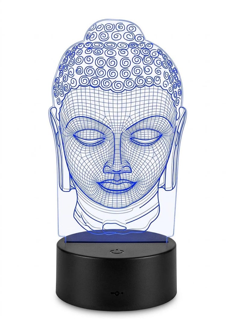May include: A blue wireframe Buddha head night light. The Buddha's face is depicted with closed eyes and a serene expression. The light sits on a black circular base with a power button.