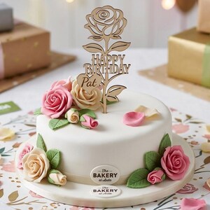 May include: A white frosted cake decorated with pink and cream roses, green leaves, and a wooden rose-shaped topper that reads "HAPPY BIRTHDAY Pat." The cake is surrounded by gift boxes wrapped in gold, silver, and brown paper with ribbons.