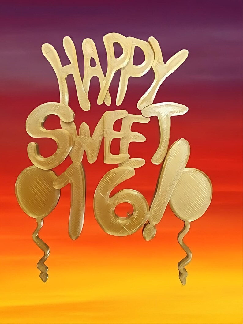 May include: Gold-colored Happy Sweet 16 cake topper with two balloons. The topper is against a gradient background of purple, red, orange, and yellow.