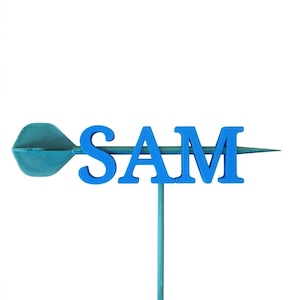 Puede incluir: Un adorno para pastel azul con el nombre "SAM" en letras may&uacute;sculas. Las letras est&aacute;n conectadas a una flecha de color turquesa y un tallo para insertar en un pastel. El dise&ntilde;o est&aacute; sobre un fondo blanco.
