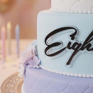 May include: A three-tiered birthday cake with light blue and lavender frosting. The cake is decorated with the word "Eighteen" in black script, and adorned with flowers. Party hats, balloons, and candles are in the background.