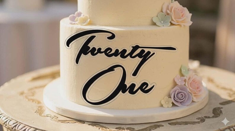 May include: A two-tiered cake with a light beige frosting. The words "Twenty One" are displayed in black script. The cake is decorated with pastel-colored floral accents, including pink, purple, and green roses.