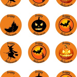 May include: Twelve orange and black Halloween themed circle stickers with different designs. The designs include a witch flying on a broomstick, a bat flying in front of a full moon, a jack-o-lantern, a haunted castle, and a spooky jack-o-lantern. Each sticker says "Happy Halloween".