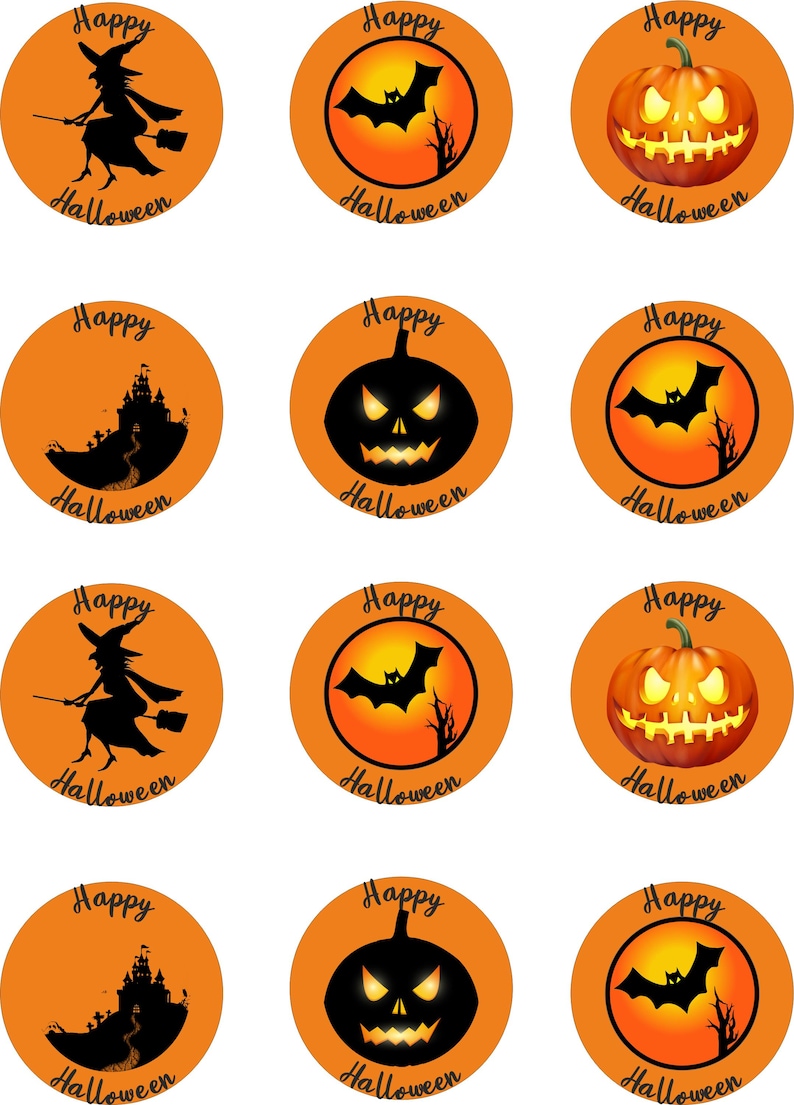 May include: Twelve orange and black Halloween themed circle stickers with different designs. The designs include a witch flying on a broomstick, a bat flying in front of a full moon, a jack-o-lantern, a haunted castle, and a spooky jack-o-lantern. Each sticker says "Happy Halloween".