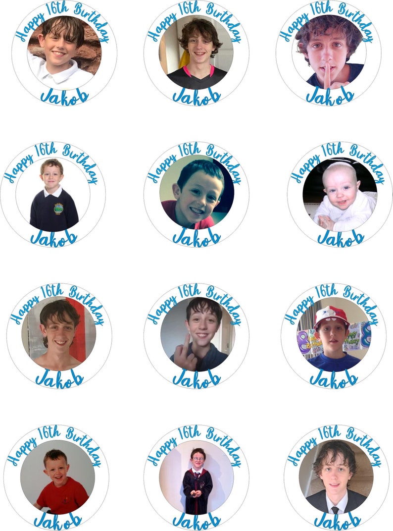 May include: Twelve round white stickers with blue borders and text. Each sticker features a different photo of a young person and the text "Happy 16th Birthday Jakob".