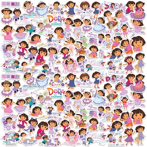 May include: A collection of Dora the Explorer stickers featuring Dora in various outfits and poses. The stickers include text such as "Dora the Explorer", "I love you", and "Make believe!" in a variety of colors, including pink, purple, and blue.