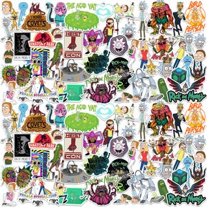May include: A collection of colorful stickers featuring characters and phrases from the animated series "Rick and Morty." The stickers showcase various characters, catchphrases, and iconic imagery from the show, including Rick, Morty, and other memorable elements.