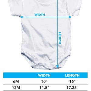 May include: White infant short-sleeve snapsuit with measurements for 6M, 12M, 18M, and 24M sizes. The width ranges from 10" to 11.5", and the length varies from 16" to 19.25". The text "INFANT SHORT-SLEEVE SNAPSUIT" is at the top.