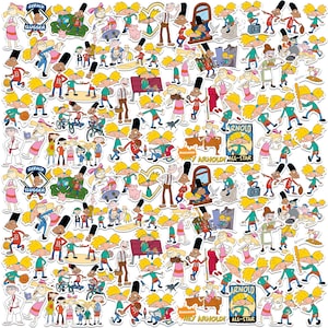 May include: A collection of colorful stickers featuring characters from the animated series "Hey Arnold!" The stickers showcase various characters in different poses and settings, with text that reads "GERALD", "SLUGGER", and "HEY ARNOLD! ALL-STAR".