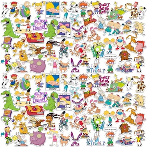 May include: A collection of colorful cartoon character stickers featuring characters from popular 90s animated shows. The stickers include characters like Arnold, Helga, Reptar, and others. Some stickers have text like "You're doomed" and "do I stink?"