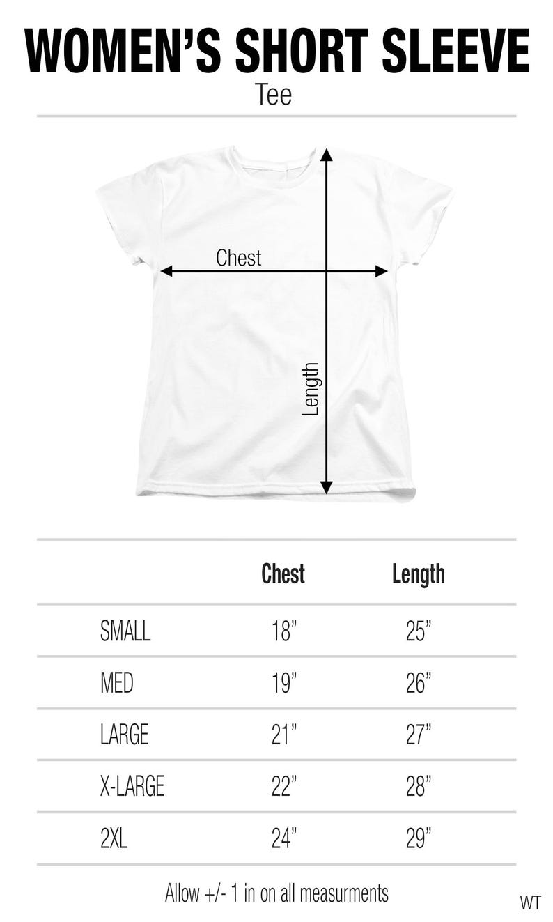 May include: White short sleeve tee shirt with chest and length measurements. The shirt sizes range from small to 2XL. Chest measurements range from 18 inches to 24 inches. Length measurements range from 25 inches to 29 inches. The text "WOMEN'S SHORT SLEEVE Tee" is at the top.