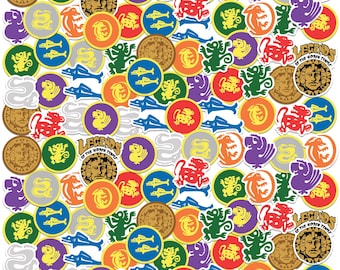 May include: A collection of colorful stickers featuring various designs and the text "LEGENDS OF THE HIDDEN TEMPLE". The stickers include images of a face, a lizard, a snake, a fish, and other symbols in a variety of colors, including green, red, and purple.