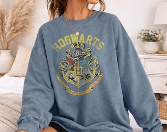 Harry Potter Hogwarts Crest Officially Licensed Adult Oversized Comfort Colors T-Shirt and Crewneck Sweatshirts