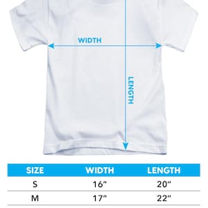 May include: White youth short-sleeve t-shirt with sizing information. The image includes a size chart with measurements in inches for width and length. Sizes range from S to XL, with widths from 16" to 19" and lengths from 20" to 25".