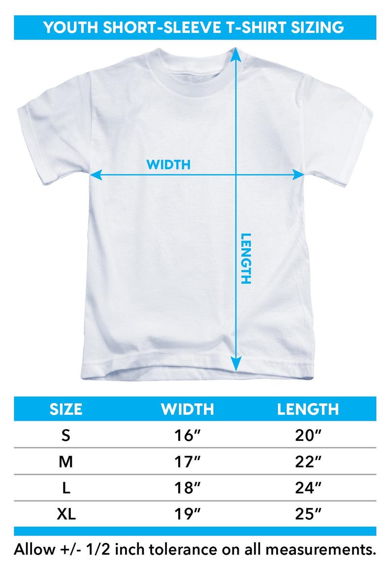 May include: White youth short-sleeve t-shirt with sizing information. The image includes a size chart with measurements in inches for width and length. Sizes range from S to XL, with widths from 16" to 19" and lengths from 20" to 25".