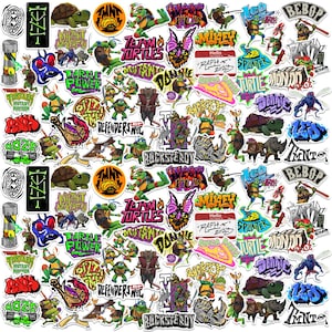 May include: A collection of colorful stickers featuring characters and logos from the Teenage Mutant Ninja Turtles franchise. The stickers include images of the turtles, villains, and various text elements.