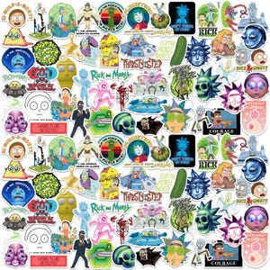 May include: A collection of colorful stickers featuring characters and phrases from the animated series Rick and Morty. The stickers include images of Rick, Morty, Pickle Rick, and various quotes and logos. The stickers are in various shapes and sizes.