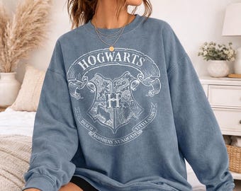 Harry Potter Hogwarts School Crest Officially Licensed Adult Oversized Comfort Colors T-Shirt and Crewneck Sweatshirts