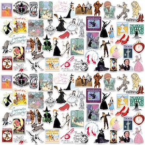 May include: A collection of colorful stickers featuring characters and imagery from the Wizard of Oz. Includes images of Dorothy, the Tin Man, the Wicked Witch, and the Yellow Brick Road. The stickers are in various shapes and sizes.