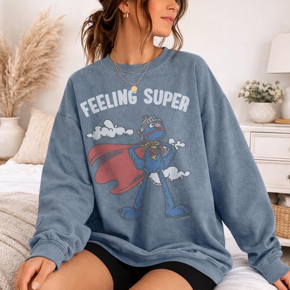 Sesame Street Super Grover Officially Licensed Adult Oversized Comfort Colors T-Shirt and Crewneck Sweatshirts