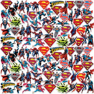 May include: A collection of Superman stickers and emblems. The stickers feature Superman in various action poses, with his iconic red and blue suit and cape. The Superman logo is also present in red, yellow, and silver.