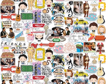 May include: A selection of vibrant stickers themed around the TV show "Friends." The designs include character illustrations, quotes, and imagery from the show, such as the Central Perk coffee shop. Ideal for personalising items like laptops or notebooks.