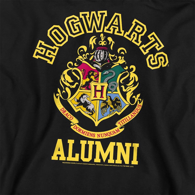 May include: Black t-shirt featuring the Hogwarts crest in yellow. The crest includes a shield with four house symbols, the word "Hogwarts" arched above, and the word "Alumni" below. The shirt also includes the text "Wizarding World" and related trademarks.