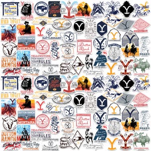 May include: A collection of colorful stickers featuring the Yellowstone Dutton Ranch brand. Designs include the letter "Y", cowboys, horses, and the phrase "Dutton Ranch Montana USA".