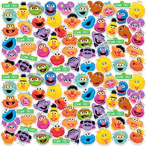 May include: A collection of colorful Sesame Street character stickers. The stickers feature various characters with distinct facial expressions and colors, including Elmo, Big Bird, and Cookie Monster. Each sticker has the words "SESAME STREET" on it.