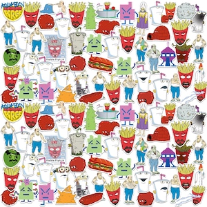 May include: A collection of colorful stickers featuring characters and food items from the animated series Aqua Teen Hunger Force. The stickers include images of Frylock, Master Shake, Meatwad, and other characters, along with various food items.