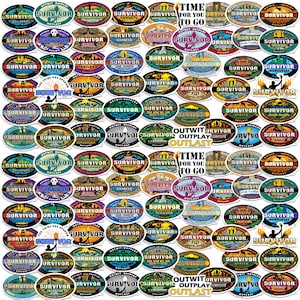 May include: A collection of oval-shaped stickers featuring the "Survivor" logo and various season names. The stickers are in multiple colors, with text and graphics related to the reality TV show. The phrase "Time to Go" is also visible.