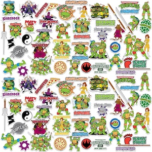 May include: A collection of colorful Teenage Mutant Ninja Turtles stickers featuring characters like Leonardo, Michelangelo, Donatello, and Raphael. The stickers include images of the turtles, their enemies, pizza, and the words "Turtle Power."