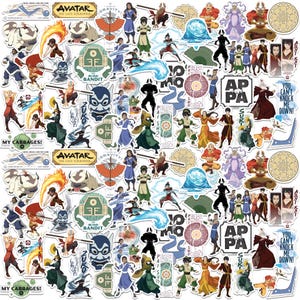 May include: A collection of colorful stickers featuring characters and symbols from the animated series Avatar: The Last Airbender. The stickers include images of characters, logos, and quotes, with a variety of shapes and sizes.